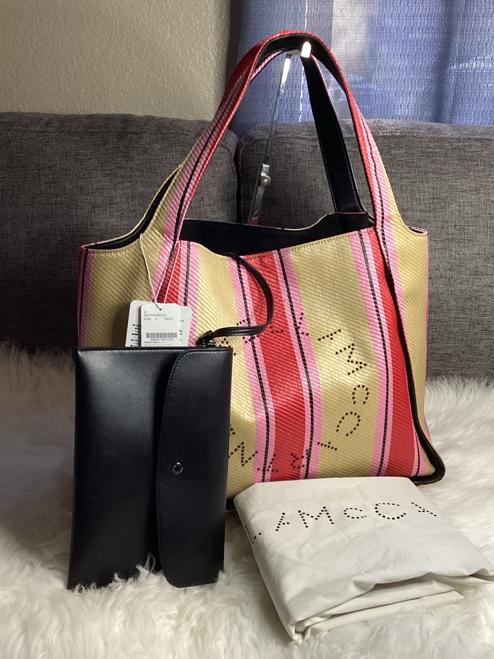 Stella McCartney Raffia Striped Logo Tote